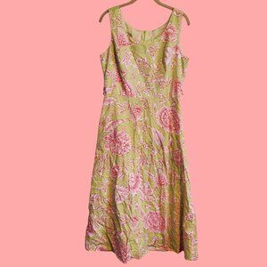 Vintage Y2K Green Pink White Strawberry Floral Whimsical A Line Midi Dress